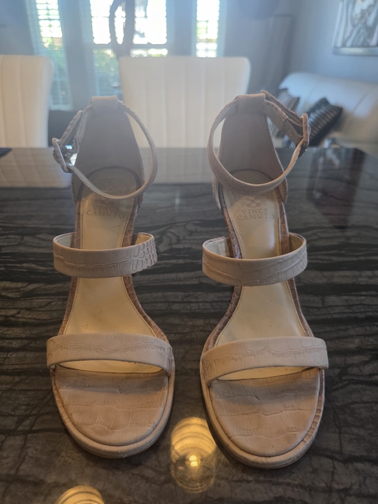 Vince Camuto Beige Ankle-Strap Croc-Embossed Heeled Sandals